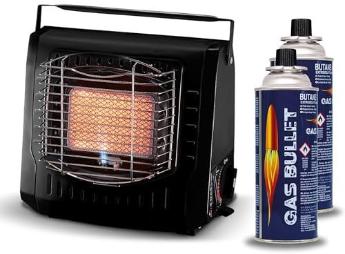 Gas Bullet ® Keramik Gasheizung 2 kW - Effizienter Gasstrahler für Camping, Outdoor & Wohnwagen-Standardisiertes Bajonett Ventil 227g-Flammenregler, Piezo-Zünder (Gasheizung+4Kartuschen)