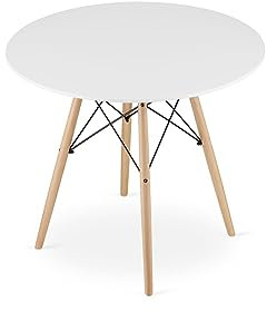 VBChome Runder Esstisch 90 cm Weiß, Moderner Küchentisch, Esszimmertisch, Wohnzimmertisch, MDF-Tischplatte, Buchenholzbeine, Stilvolles und Funktionales Design für Zuhause