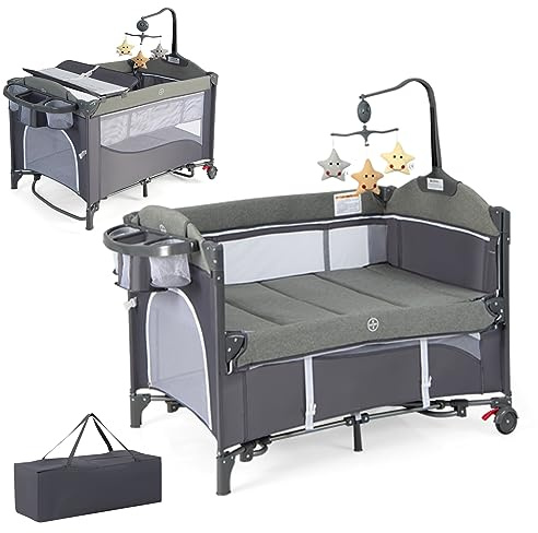 DREAMADE 5 en 1 Lit Parapluie Bébé, 110x76x82CM Lit Cododo avec Matelas,0-9Mois,avec Hauteur Réglable,Bascule 5-10°,Roues avec Freins,Boîte à Musique (Gris)