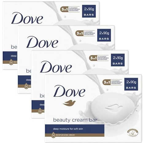 Dove Orginal Beauty Cream Bar 3 in 1 Cleanses, Moisturises and Nourishes Sulphate-Free Bath Soap for Soft and Smooth Skin, Suitable for Daily Use 2x90g, 4 Pack
