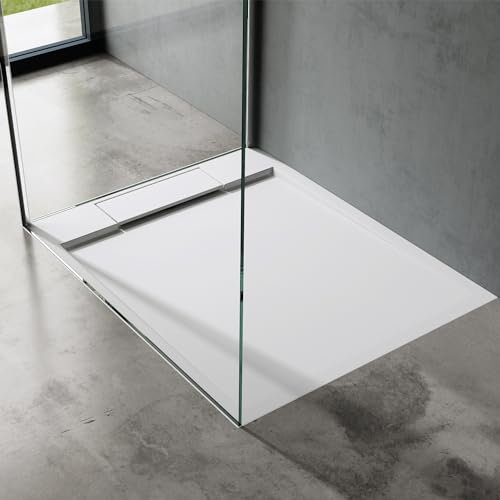 doporro Duschtasse Duschwanne 80x100x4 flach Mineralguss in Weiß inkl. Ablaufgarnitur AL01 DIN-Anschlüsse für bodenebene Montage geeignet Geoma04