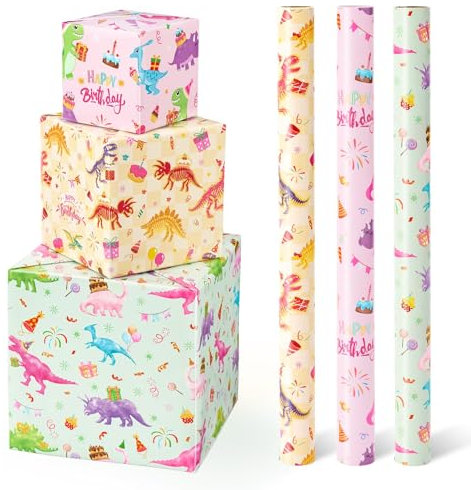 WERNNSAI Dinosaurier Geschenkpapierrollen–3 Rollen 43 cm x 3 m Rosa Dinosaurier Geschenkpapierrollen Mädchen Weihnachts Geschenkpapierrollen Feiertags Dinosaurier Geschenkpapier mit Schnittlinie