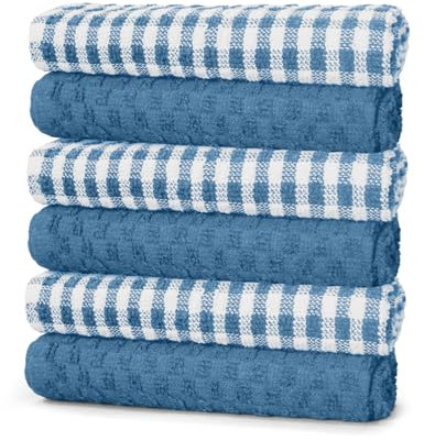 ZZZMRH 100% Cotton pack of 6 Blue tea towels, Soft Kitchen cloth for cleaning and drying dishes, High absorbent Cotton dish Cloths for washing up Kitchen hand towels