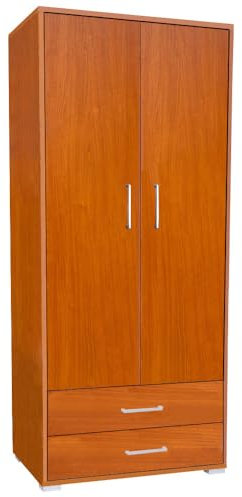 Armadio 2 ante 2 cassetti 81x186h in legno per camera da letto con asta appendiabiti interno (Ciliegio)