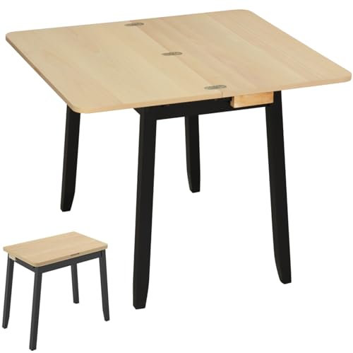 TANGZON Folding Dining Table, Extendable Rectangular Kitchen Table with Storage Compartment, Solid Rubber Wood Legs & Non-slip Foot Pads, 4 Seater Dinner Table for Small Space Dining Living Room Bar