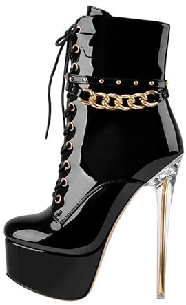 blingqueen Plateau Stiefeletten Damen Stiletto Ankle Boots Schnürstiefeletten Lackleder Schwarz 43 EU