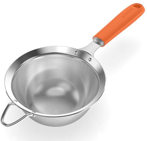 U-Taste Medium Fine Mesh Sieve: 18/8 Stainless Steel 12cm Kitchen Sieve and Strainer with Riveted Sturdy Silicone Handle, Great for Sifting Flour, Straining Tea, Rice, Quinoa (Orange)