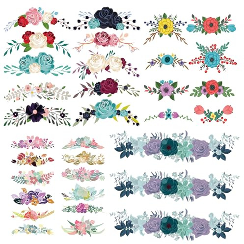 Rebanky 33 Pcs Flores Parches Transferencia para Ropa Patch Stickers Floral | Pegatinas Ropa Termoadhesivos Flores PET Parches de Transferencia Térmica para Adultos Niños Jeans Camisetas Textiles Bolsas