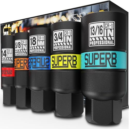 KIRXST Zündkerzenschlüssel, 3/8 Zoll Antrieb Zündkerzenschlüsselsatz 5tlg, SAE & Metrisch Zündkerzenentferner-Werkzeug (14mm, 18mm, 5/8, 3/4, 13/16) Spark