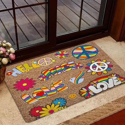 Bioputty Hippie Hippy Peace Sign Welcome Mats for Front Door, Hello Love Vintage tie dye Door Mat, Entrance Way Area Rugs Non-Slip Floor Mats Outdoor/Indoor Doormat for Home,Kitchen,Bathroom,Porch