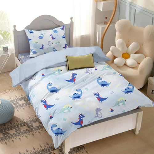 Yasida BettwäSche Dinosaurier Kinder Mikrofaser Blau Duvet Cover Das Muster Ist Niedlicher Cartoon-Dinosaurier FüR Jungen/MäDchen Dino BettwäSche 120x150cm Mit 1 Kopfkissenbezug 40x60cm