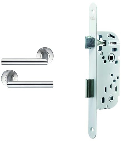 Bricard 666452 Paire de poignées de Porte sur Rosace INOX Tempo Disco, carré de 7mm & Yale Serrure à encastrer à condamnation, axe 40 mm, Coffre 135 mm - Y13R-A40/B/SC - Pêne Réversible