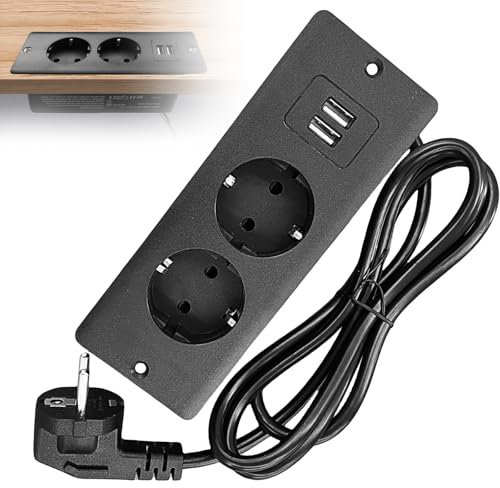 Presa da tavolo con 2 USB, 2 prese, con cavo da 1,5 m, da tavolo, multipresa a scomparsa per scrivania, mobili o superfici di lavoro