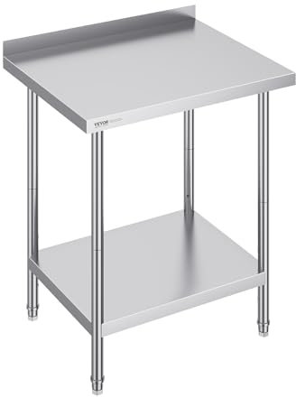 VEVOR Tavolo da Lavoro in Acciaio Inossidabile 610 x 762 x 914 mm, con 4 Ruote, 3 Livelli di Altezza Regolabili, Tavolo Resistente per Preparazione Alimenti Ristoranti Cucina Commerciale, Argento