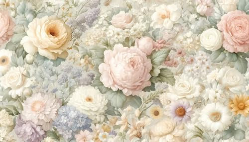 UNIK Nordic Vliestapete, BxH 450x280 cm, Vintage Blumen, Tapete Blumenwand, Fototapete Blumen Rose Aquarell, XXL Pfingstrosen Päonie in hellen Pastell Farben, Blumentapete Made in Germany