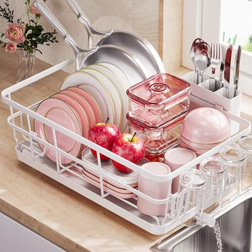 Urackify Large Dish Drainer Rack Kitchen, Dish Rack White, Large Sink Dish Drainer Dryer Rack Small, Kitchen Dishes Strainer Drying Rack with Drain Board Cutlery Holder