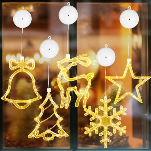 MWZEAUL Weihnachtsdeko Fenster 5 Stück, LED Sterne Weihnachtsbeleuchtung Fenster, Hängend Saugnapf Weihnachten Lichter, Lichterkette Fenster Innen für Weihnachten Deko Balkon Party Hochzeit