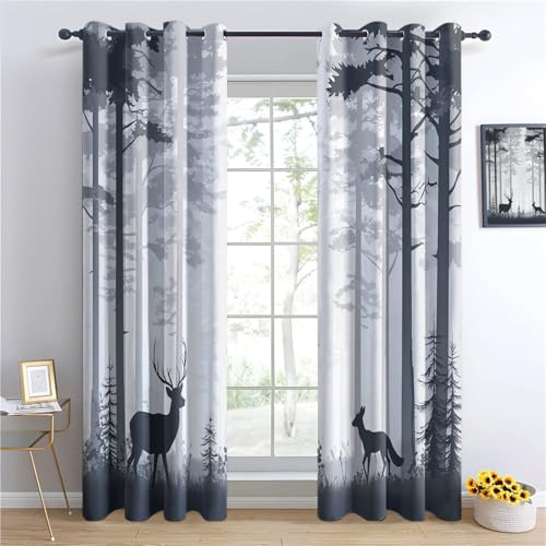 Blickdicht Vorhänge Urwald Hirsch und Fuchs Vintage Verdunklungsvorhänge H260 x B140 cm (2er Pack) verdunkelnde Ösen Fensterdekoration Grau
