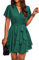 Jiraewh Damen Chiffon Kurz Kleid V-Ausschnitt Kurzarm Sommerkleid Einfarbig Elegant Rüschen Minikleid Casual Swing Skater Kleid Hohe Taille Partykleid Wickelkleid mit Gürtel （5086-GN XXL