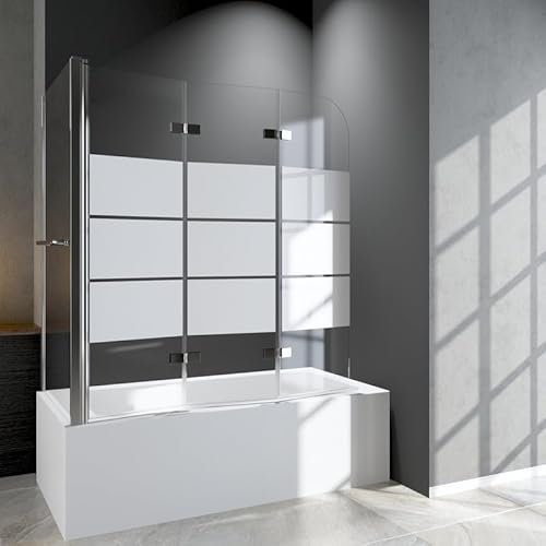Duschabtrennung für Badewanne mit Seitenwand 70x120x140cm Duschwand 3-teilig Faltbar, Gestreift Glas Badewannenaufsatz Duschwand aus 6mm ESG Sicherheitsglas, Ecke Badewannenfaltwand für Badewanne
