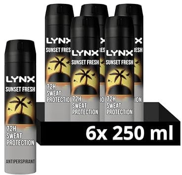 Lynx Men Sunset Fresh Deodorant Body Spray Antiperspirant with a mango & mandarin scent and 72 hour invisible sweat protection 250 ml, Pack of 6
