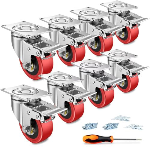 COOWOO Lenkrollen, 8 Stück, Transportrollen mit Sicherheitsarretierung, 50 mm Räder für Möbel, geräuschlose Hochleistungsräder mit Polyurethan-Gummibeschichtung, 360 Grad drehbar, 800 kg Gesamttrag
