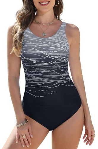 CMTOP Bañadores Mujer Traje de Baño de Una Pieza Push up Bañador Natacion Cuello en U Deportivos Ropa de Baño de Playa con Relleno Sexy Bañadores Sin Espalda con Recorte(Negro Gris, S)