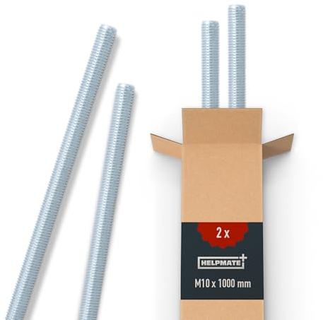 HELPMATE – Gewindestange M10 x 1000 mm aus verzinktem Stahl – 2 Stück Gewindestab mit metrischem Vollgewinde – Gewindestift mit Festigkeitsklasse 4.8, DIN 976