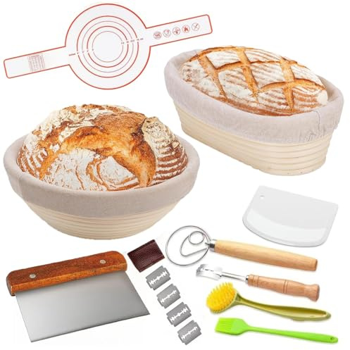 Gärkorb Set, Gärkörbchen mit Silikon Backmatte, 23cm Runde und 25cm Ovale Gähr Körbchen, Brotkörbchen aus Peddigrohr zum Brot backen, Brotbackzubehör