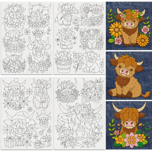 DOODLREAM 21 Stück Highland Cow Flower Wasserlösliche Handnäh Stabilisatoren 8.3X11.7 Stabilisator Für Stickmuster Mit Süßem Hochlandrind 4 Blatt Stick Und Stichstickpapier Mit Blumenmotiv „Kühe“