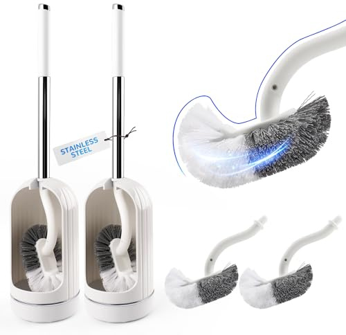 Topsky 2-Pack Toilet Brush and Holder Set, Curved Toilet Cleaner Brush with 2 Replacement Toilet Brush Head, Loo Brush and Holder Set (White)