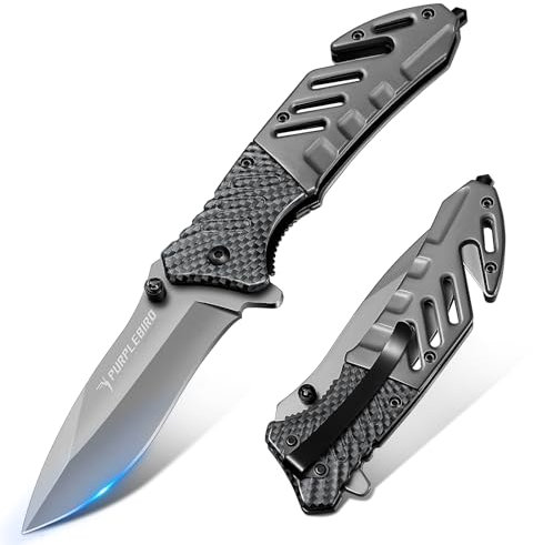 PURPLEBIRD Klappmesser aus rostfreiem Qualitätsstahl mit Carbonfaser-Griff,Sicherheitsverriegelung,Rutschfester Griff,Flach & kompakt für Camping & Alltag,Praktisches Geschenk für Männer (Prüfung)