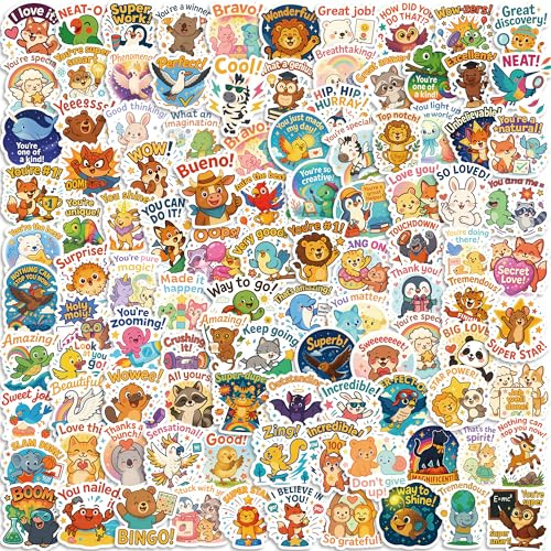 300 PCS Motivational Stickers for Kids – Cartoon Animal Reward Stickers for Teachers and Parents, Waterproof Vinyl, Cute Encouragement Quotes for Classroom, Students Incentives, Positive Reinforcement