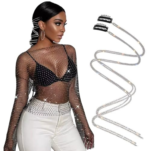 Mesh Oberteil Damen Glitzer Netz Oberteil Netzoberteil Damen Glitzer Oberteile Da-men Netz Ober-teil Dam-en Festival Mesh Langarm Glitz-er Top für Nachtclub Party Festival mit 2 strass haarketten(M)