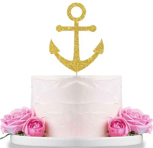 Navigation Ship Anchor Cake Topper Ocean World Wedding Engagement Cake Decor Baby Shower Anchor Ocean Sailing Voyage Retirement Birthday Party Decoration Supplies Gold Glitter