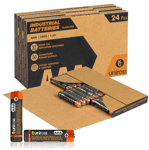 72 Pile Alcaline AAA / LR03 / Ministilo / 1,5V Uniross Industrial per Dispositivi Professionali Mouse Telecomandi Radio Torce e Giocattoli - 3 Box da 24 Batterie