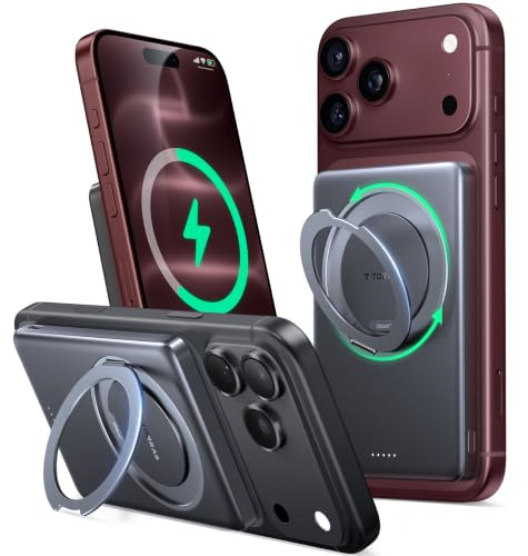 TORRAS Ostand MiniMag Ultra Slim Powerbank für Magsafe, Integrierter 360° Ständer 18W Schnellladen 5000mAh Magnetische Power Bank für iPhone 17 Pro Max/Air/16/15/14/13/12, Grau Titan.