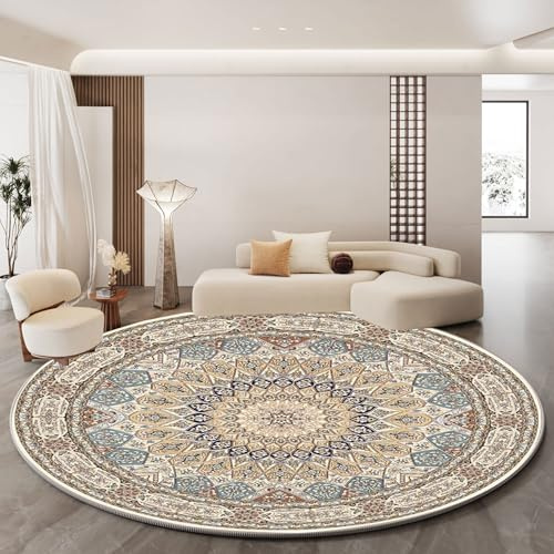 RBQIZVW Vintage Rund Teppich Esszimmer,Waschbarer Wohnzimmer Orientalischer Stil Sofa Teppich Kurzflor Couchtischmatte,Bunter Muster Rutschfester Teppiche Schlafzimmer für Küche Innen Beige 40 cm