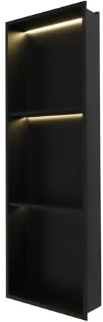 Nicchia da parete con illuminazione a LED, mensola in acciaio inox per bagno, ripiano profondo 10 cm, inserto doccia, scomparto con telaio, luce calda 4000 K (nero, 12 x 36 pollici)