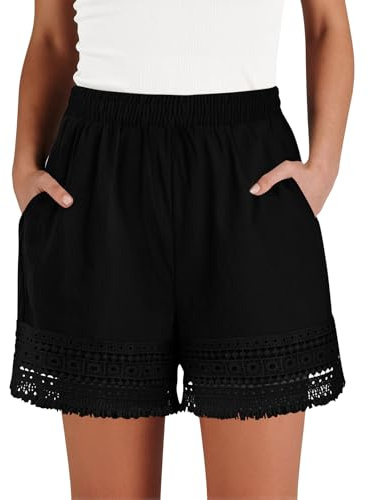 Kurze Hose Damen Sommer Baumwolle Shorts Bequeme Sommershorts Leicht Stoffhose High Waist Bermuda Shorts Baumwolle Leinenhose Kurz Spitzenbesatz Freizeitshorts mit Tasche