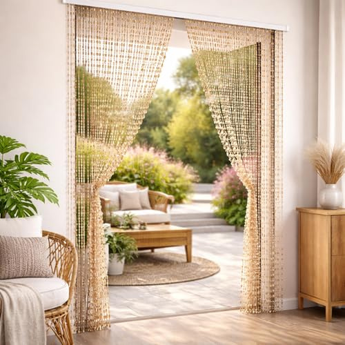 Susanna Home Tenda con Frange a Perline Antizanzare Antinsetti a Pannello per Porte Finestre Telaio in PVC Ideale per Interni ed Esterni Beige 100x220 cm