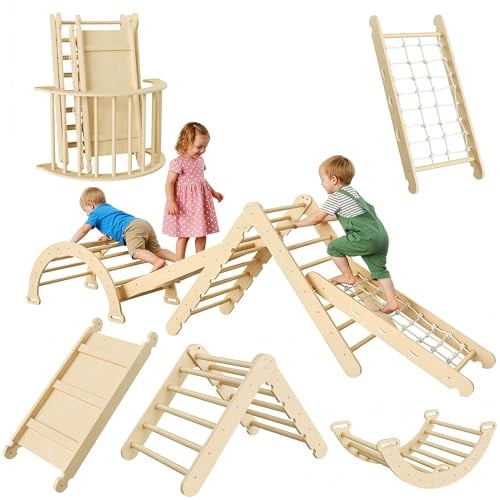 Djioyer 7-in-1 Pädagogisches Kletterdreieck-Set Für Kinder – Faltbares Holzkletterdreieck Mit Bogen, Rutsche & Leiter – Indoor-Spielzeug Zur Motorischen Entwicklung