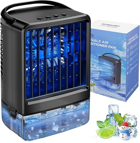 Portable Air Cooler 4-In-1 Mini Mobile Air Conditioner Fan,Air Cooling Fan and Humidifier with 3 Fan Speeds,Personal Evaporative Coolers,Timer&7 Colors LED light,Air Conditioning for Office Desk