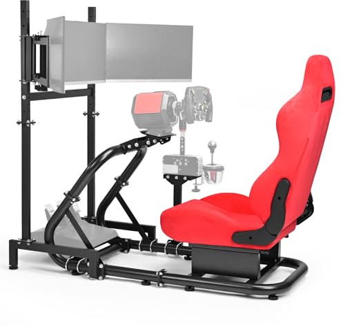 Minneer Racing Steering Wheel Mount with Red Suede Seat and Triple-screen TV Stand Fit for Logitech G29 G920, for Thrustmaster T248, Gaming Simulator Cockpit, Wheel Pedal Handbrake Not Included
