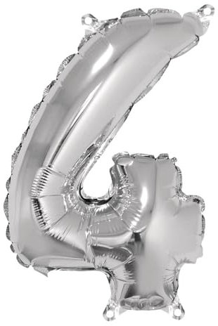 Rayher 87036606 Zahl 4 Party-/Folienballon, silber, 40cm hoch, zum Befüllen mit Luft, für Geburtstag, Silverster, Jubiläum