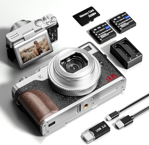 NBD Digitalkamera, 56MP Kamera für Fotografie, Vlogging 4K Kamera für YouTube, 180° Flip Screen Kamera mit 16x Zoom, Kompaktkamera für Einsteiger mit 32GB SD Karte (Weiß)