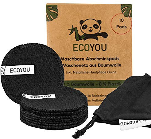EcoYou waschbare Abschminkpads aus Bio-Baumwolle - wiederverwendbare Wattepads in schwarz 10 Pads inkl Wäschenetz zur Aufbewahrung als Wattepadspender - Zero Waste Make up remover + DIY Rezepte Guide