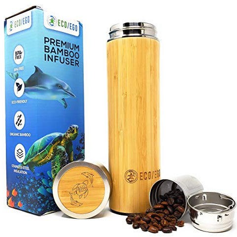 ECO/EGO Organic Bamboo Tumbler for tea, fruit, or coarse ground coffee. 17 oz.(500ML) stainless steel and bamboo construction. Mesh filter and strainer included. Great for work or travel.