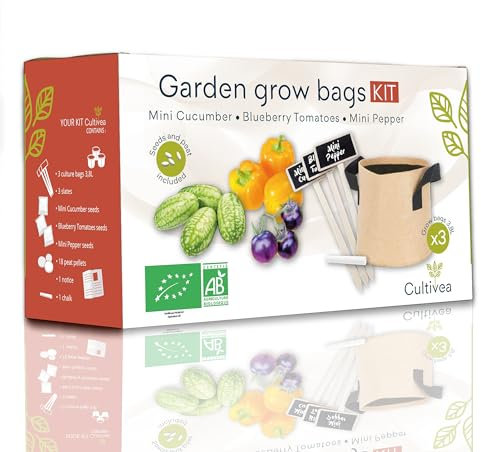 Cultivea® - Kit de bolsas de cultivo - Cultiva tu propio huerto urbano - Semillas 100% ecológicas y orgánicas - Cultivo - Tomate, Mini Pepino, Mini Pimiento Amarillo - Idea de regalo