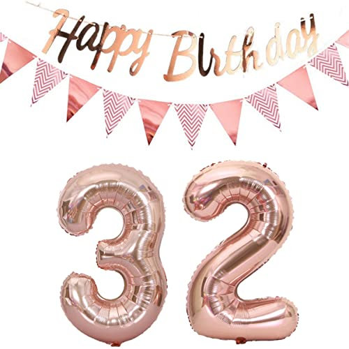 Luftballons 32.geburtstag deko frauen rosegold+Happy Birthday Girlande +Wimpelkette 40Zahlen Ballon 32 Luftballons 32 Jahre Geburtstag Dekoration frau Geburtstagdeko 32 Geburtstag deko rosegold(32)